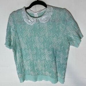Vintage Mint Green Short Sleeve Knit Top W Lace Collar S